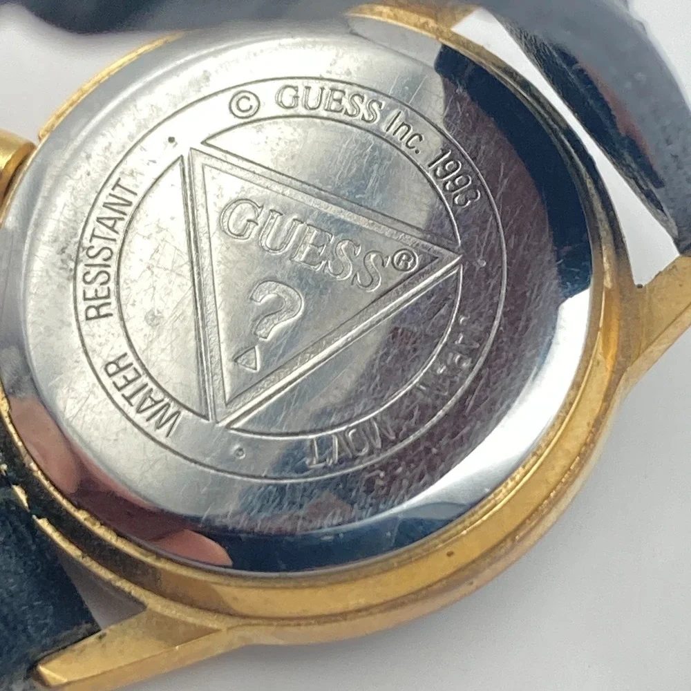 Vintage Guess Womens Watch 25mm Gold Tone Black Logo New Battery 7.75
